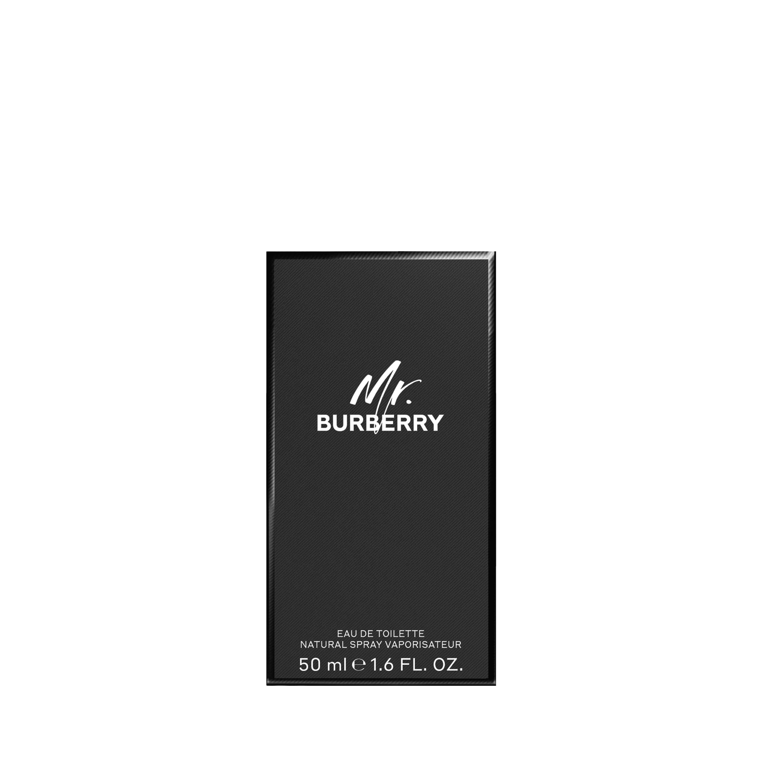 Scatola nera con logo "Mr. Burberry" bianco. Testo: Eau de Toilette, 50 ml, 1.6 FL OZ.
