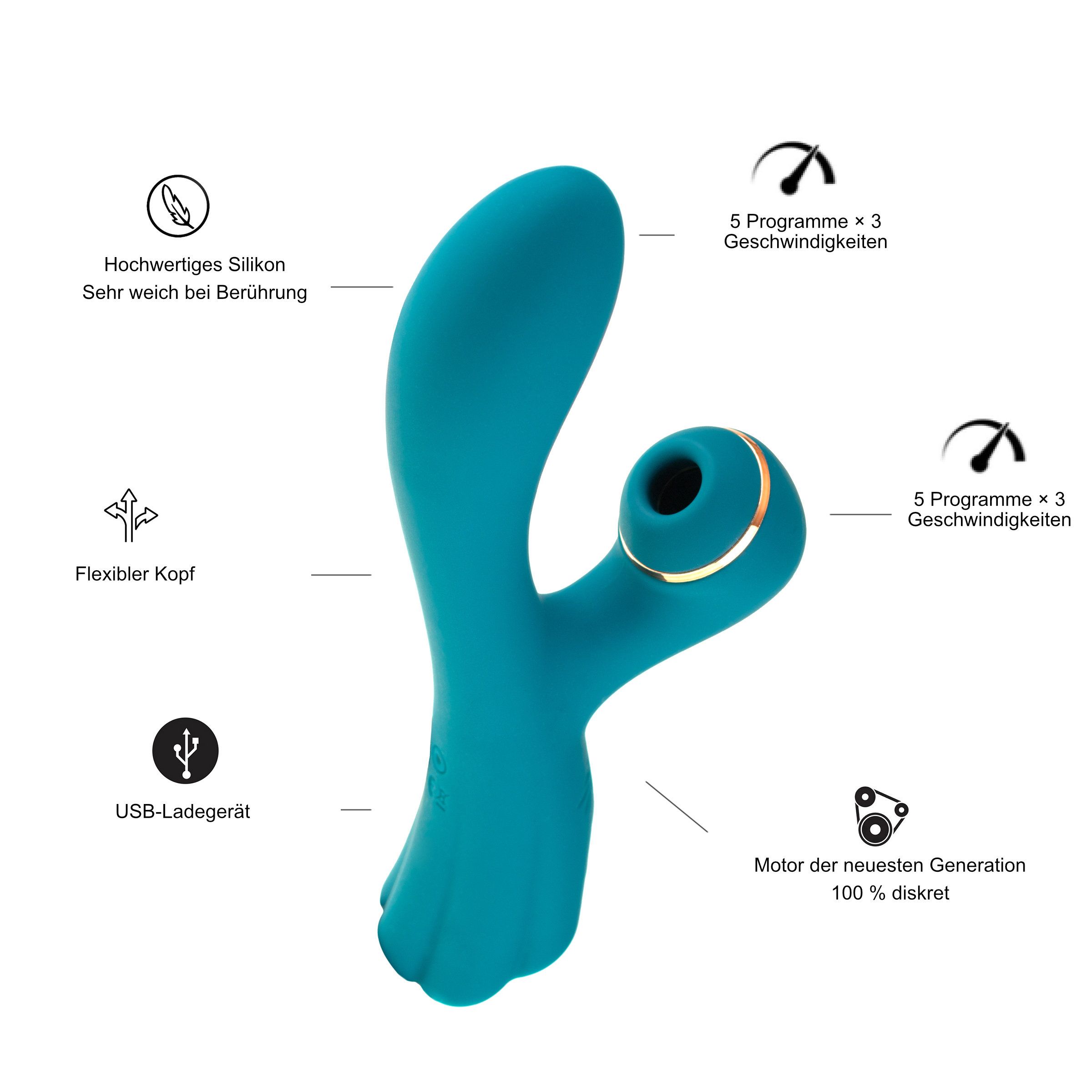 Vibratore turchese: testa flessibile, caricatore USB, 5 programmi, 3 velocità.