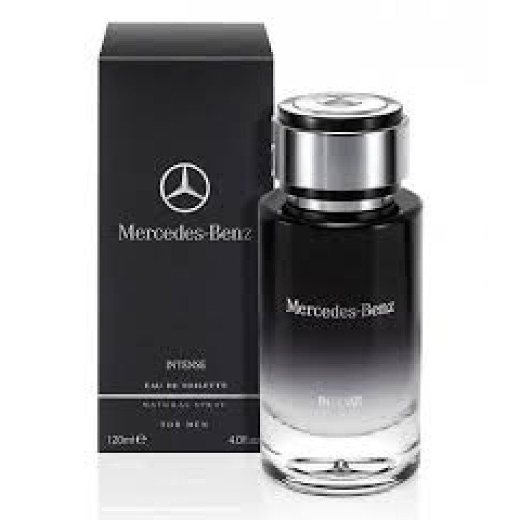 Confezione nera e flacone di profumo. Logo e scritta Mercedes-Benz. INTENSE, Eau de Toilette, 120ml.