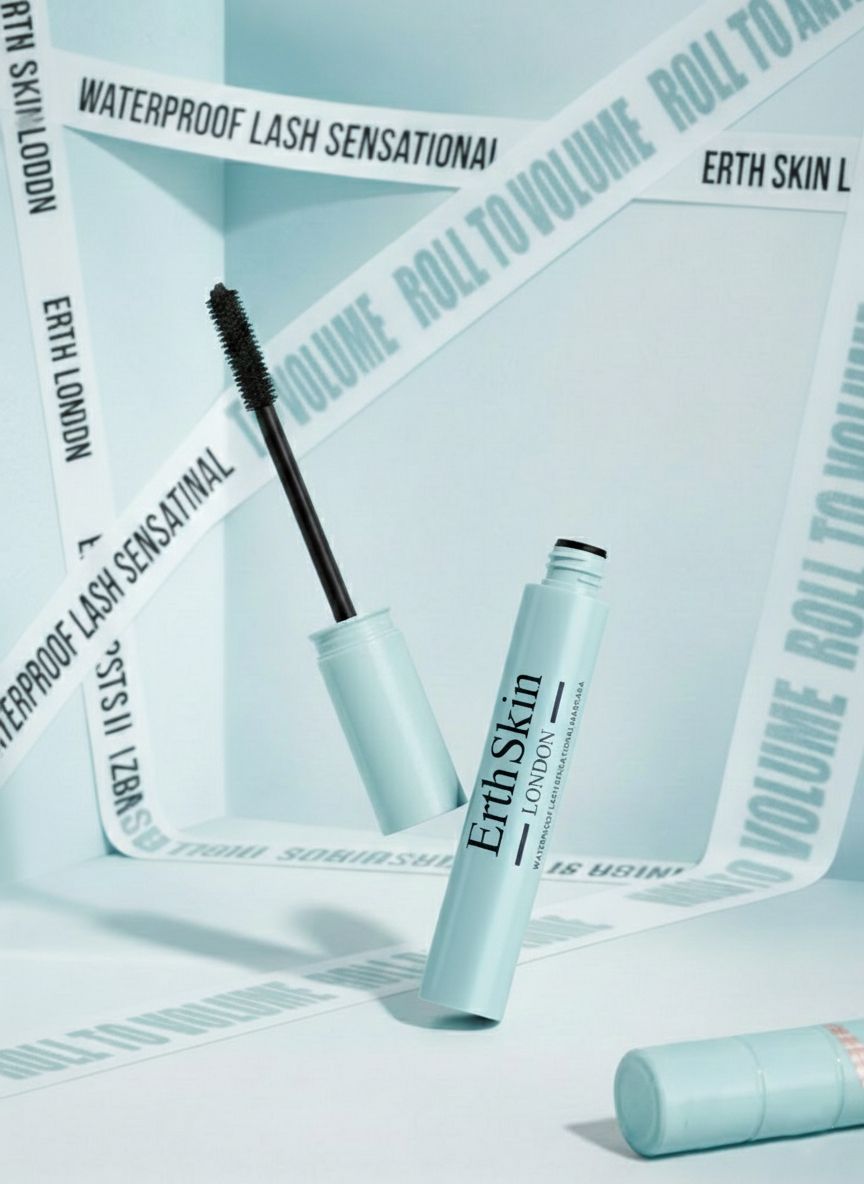 Mascara waterproof Erth Skin London con applicatore, circondato da nastro con il nome del prodotto.