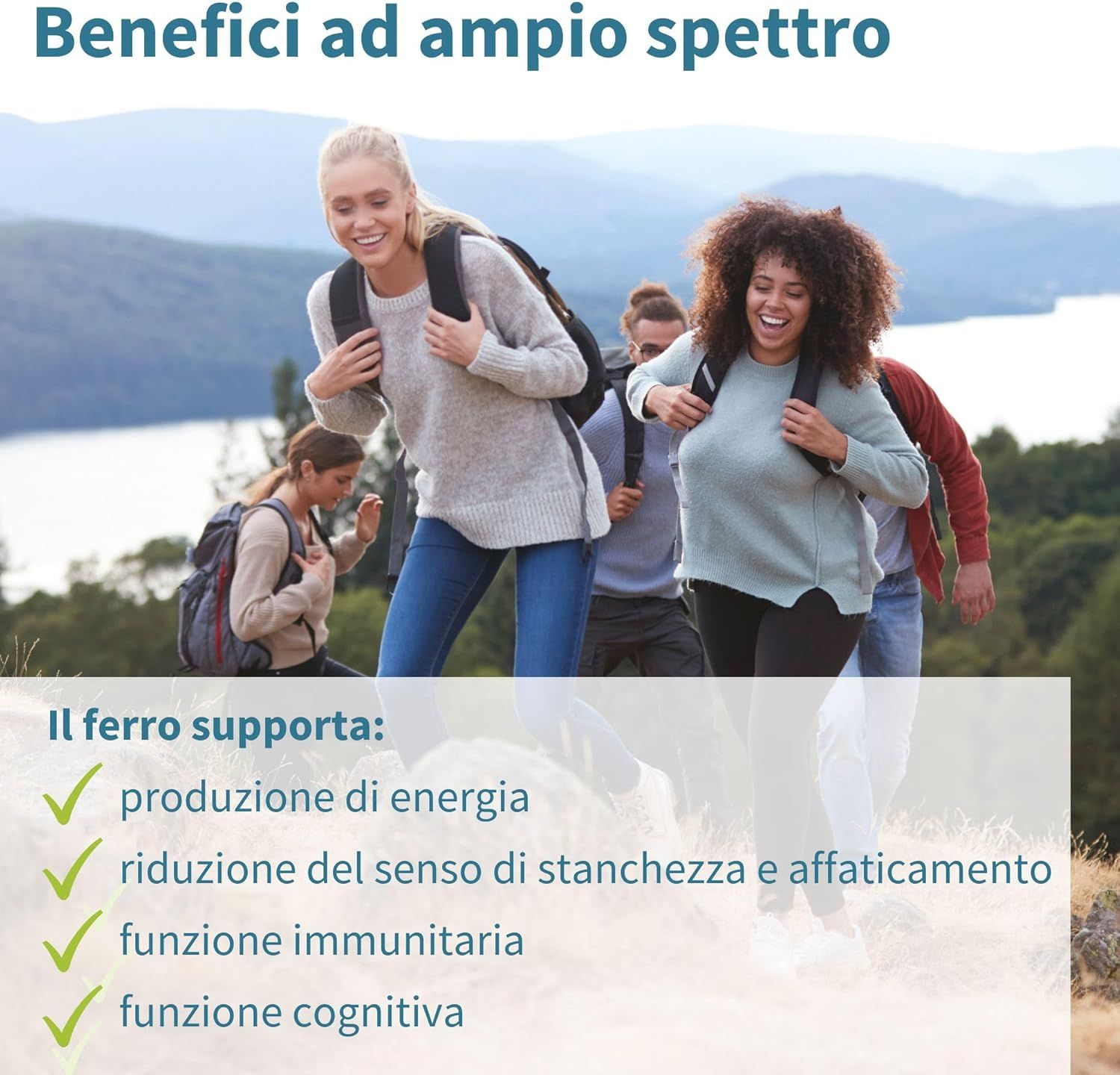 Flacone di Igennus Iron Bisglycinate con Vitamina C, 180 compresse, con infografiche.