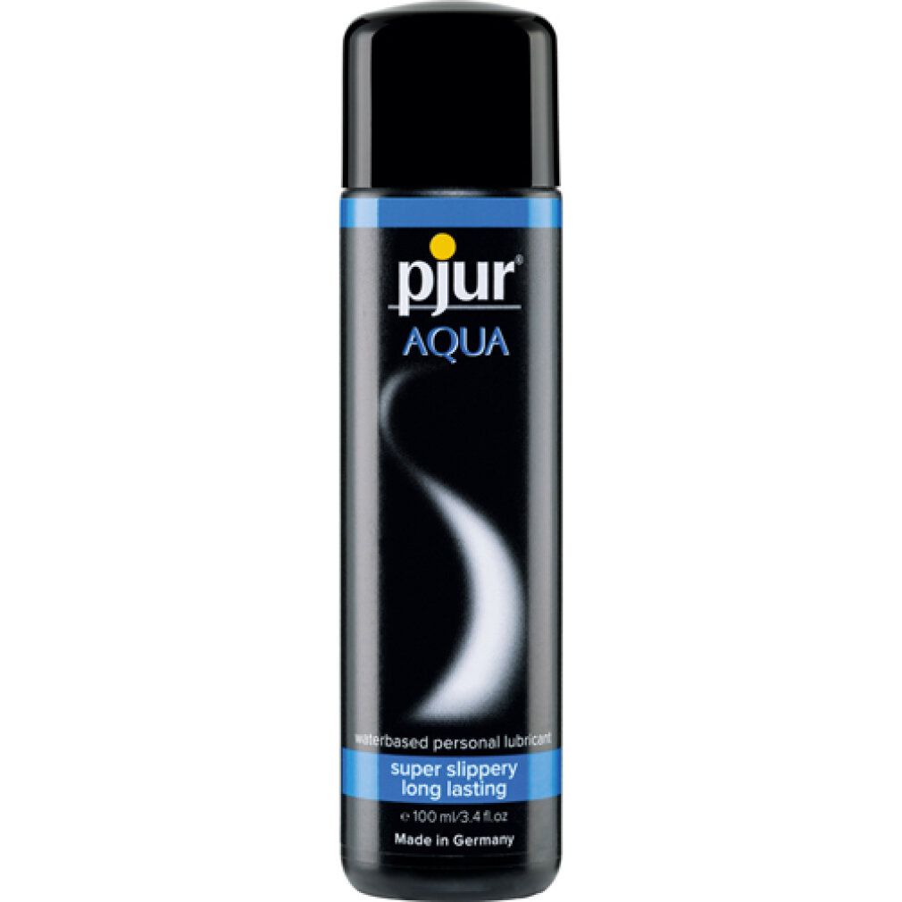 Flacone nero con fascia blu. Scritta: pjur AQUA. Testo: water-based personal lubricant, super slippery long lasting.