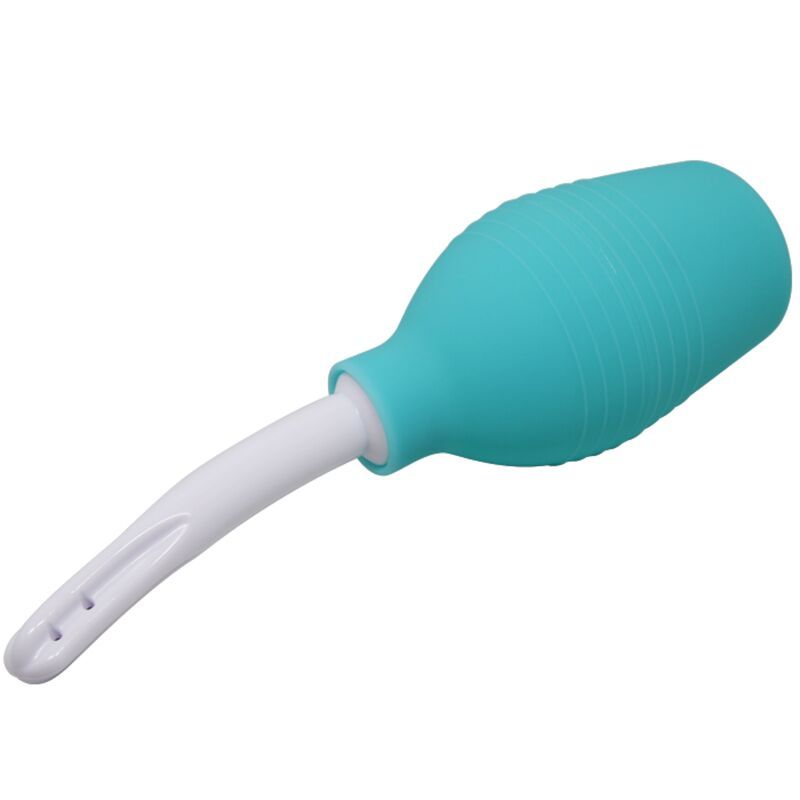 Doccia anale turchese in gomma con applicatore bianco, vista laterale, isolata su sfondo bianco.