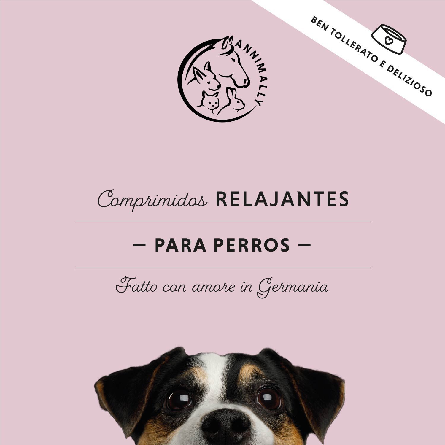 Sfondo rosa con testo: Comprimidos Relajantes - PARA PERROS - Fatto con amore in Germania. Logo: Annimally.