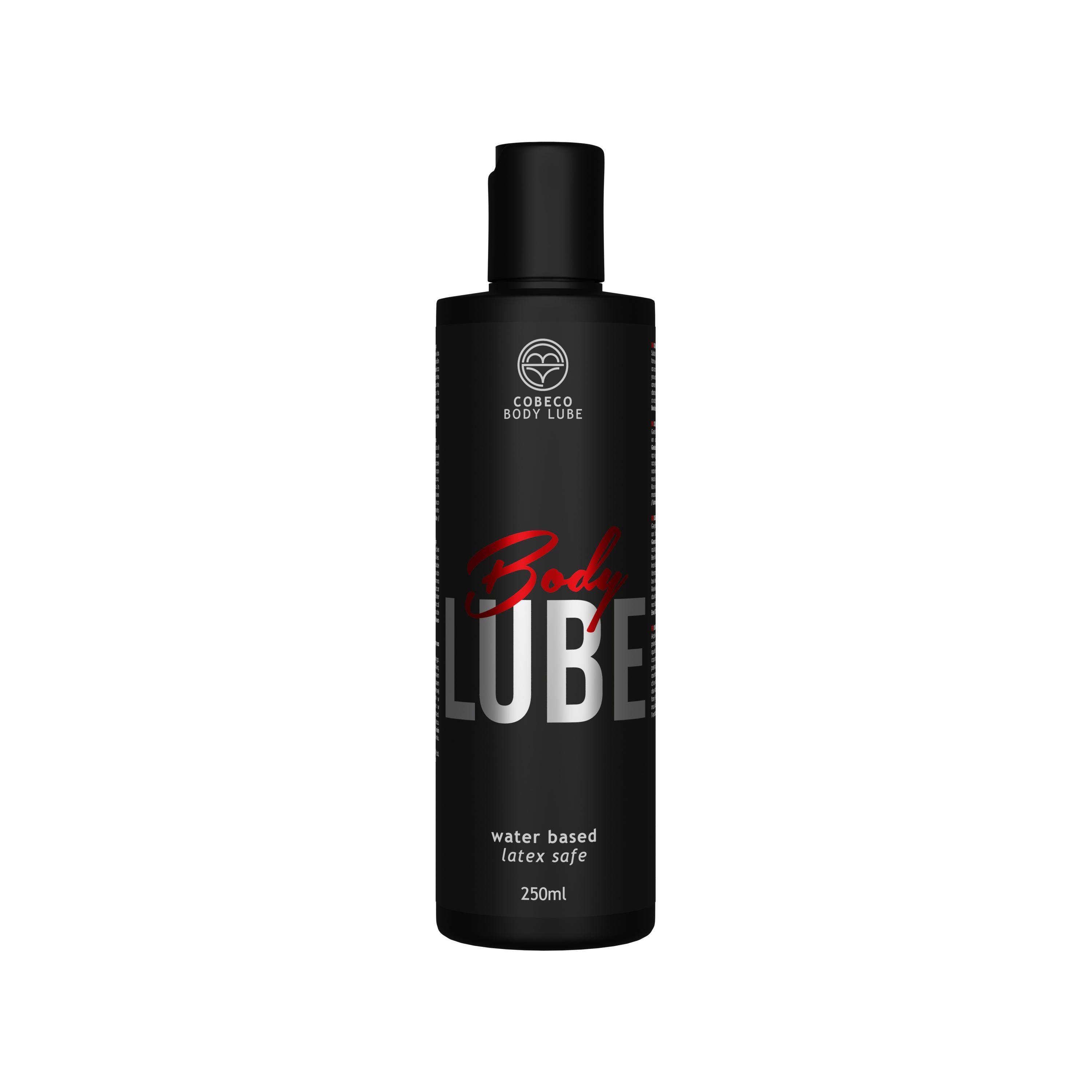 Flacone nero con tappo nero. Scritta "Body LUBE" in bianco e rosso. Testo: "water based latex safe".