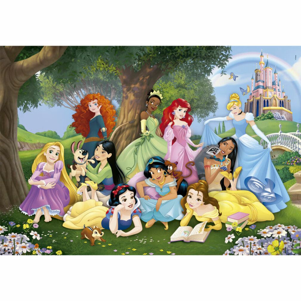Puzzle Disney Princess. Diverse principesse sotto un albero, castello sullo sfondo. Prato fiorito.