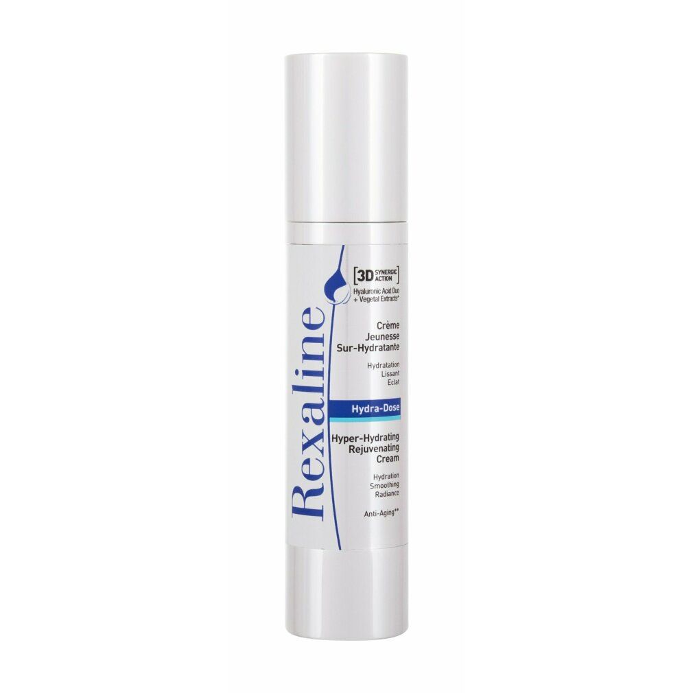 Tubo di crema bianco con etichetta blu. Scritta: Rexaline, Hydra-Dose, Crema Rejuvenating Iper-Idratante. Anti-età.