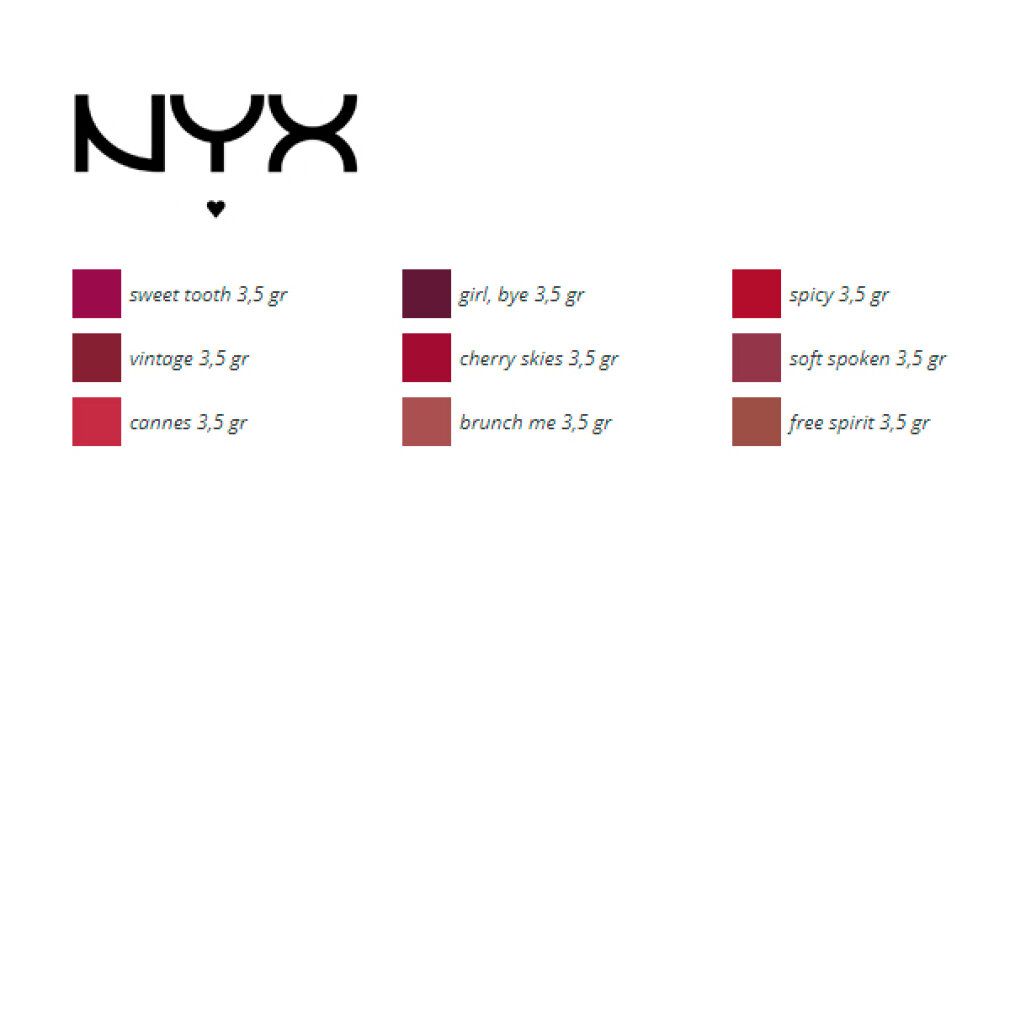 NYX Suede Matte Lipstick Campioni colore. Diverse tonalità di rosso e marrone.