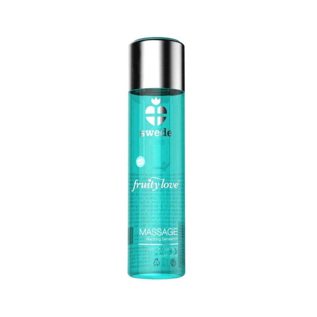 Flacone cilindrico con tappo argentato. Scritte: swede, fruitylove, massage. Liquido turchese visibile.