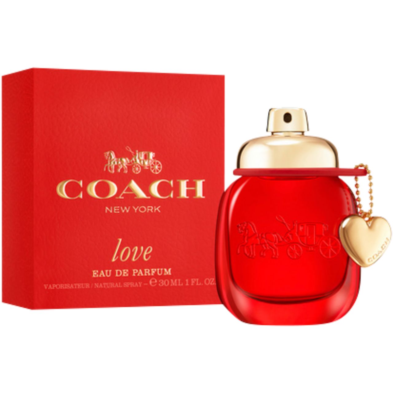 Scatola e flacone rossi. Scritta dorata Coach Love. Flacone con ciondolo a cuore. Coach Love EdP Nat. Spray.