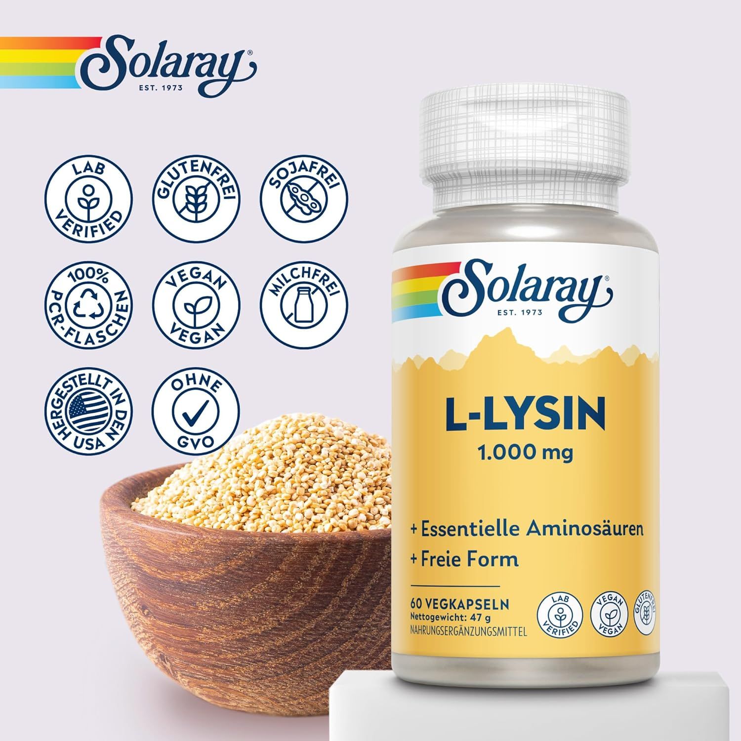 Capsule Solaray L-Lisina con sigilli: Testato in laboratorio, 100% vegano, senza glutine, senza soia, senza latticini, senza OGM.