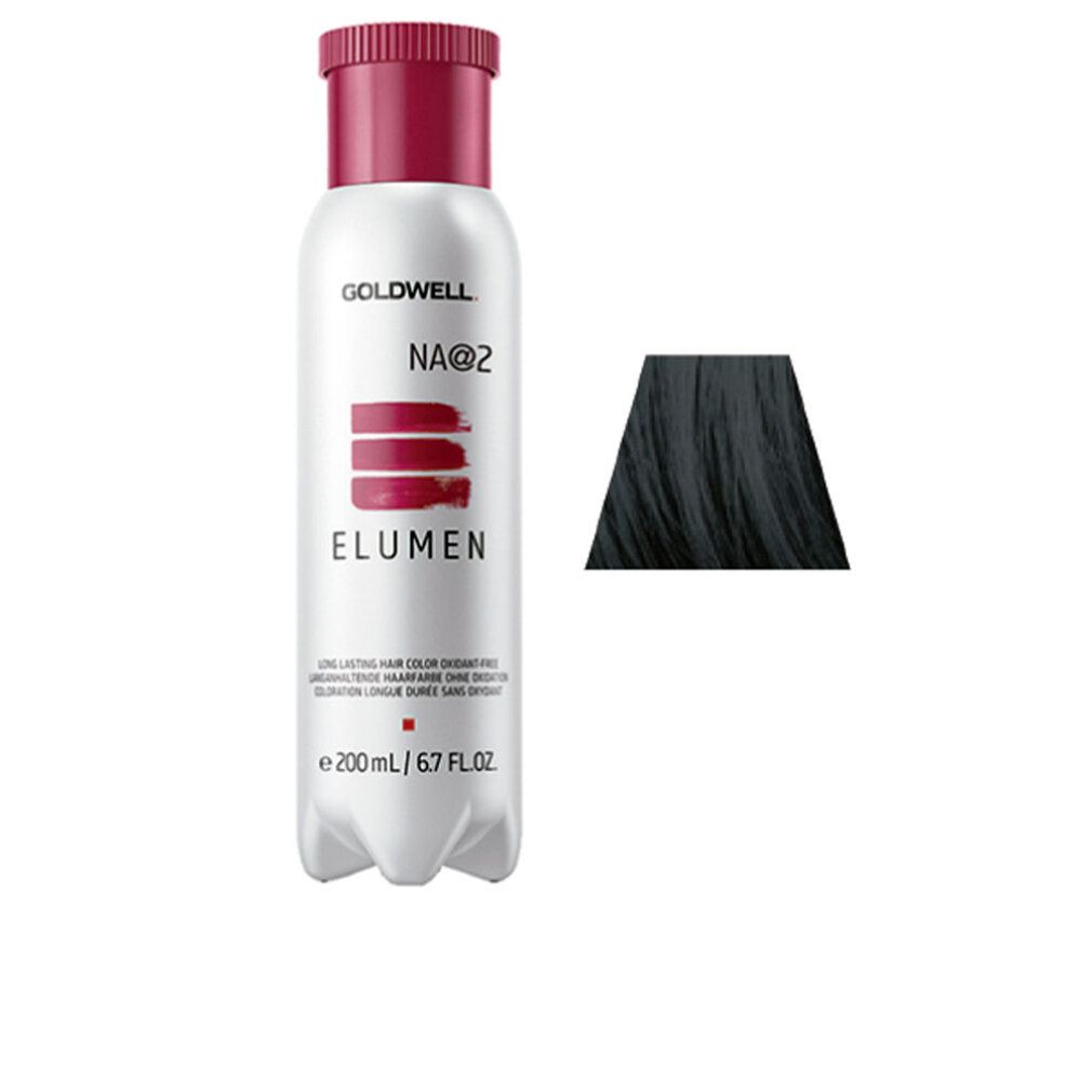 Flacone Goldwell Elumen na@2 con campione colore. Etichetta bianca, tappo rosso. Testo: Elumen, NA@2, 200 ml.