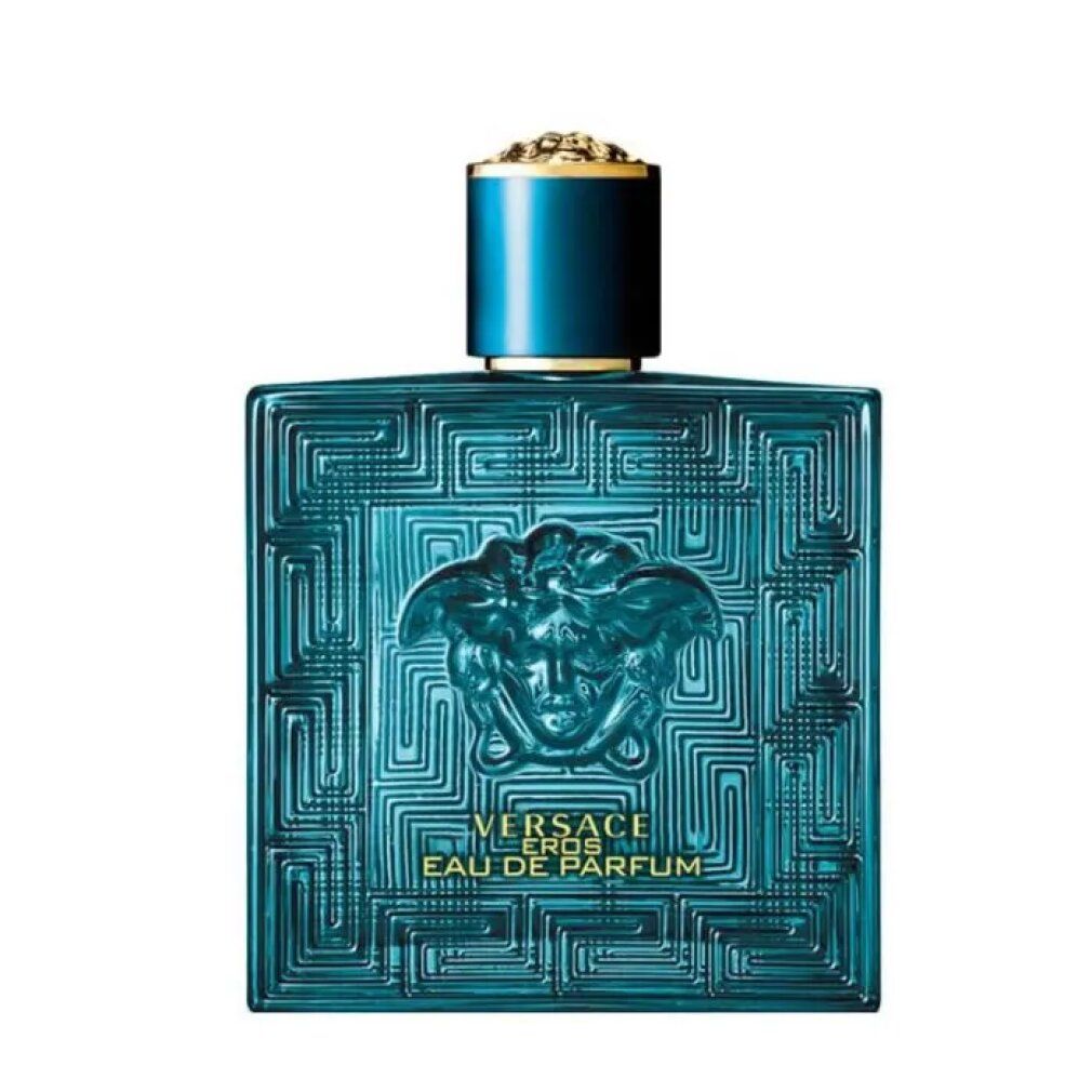 Flacone quadrato turchese con motivo in rilievo e tappo dorato. Scritta: Versace Eros Eau de Parfum.