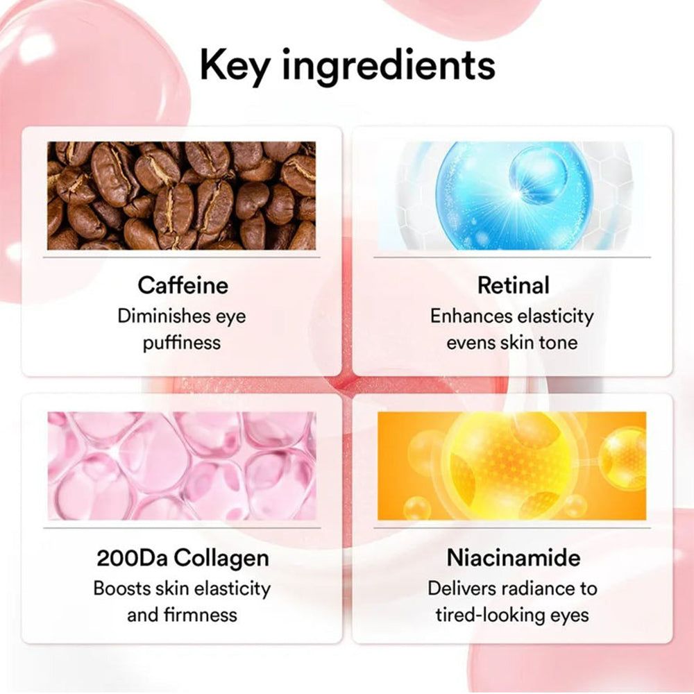 Quattro riquadri con ingredienti: caffeina, retinolo, collagene 200Da, niacinamide. Il testo descrive gli effetti degli ingredienti.