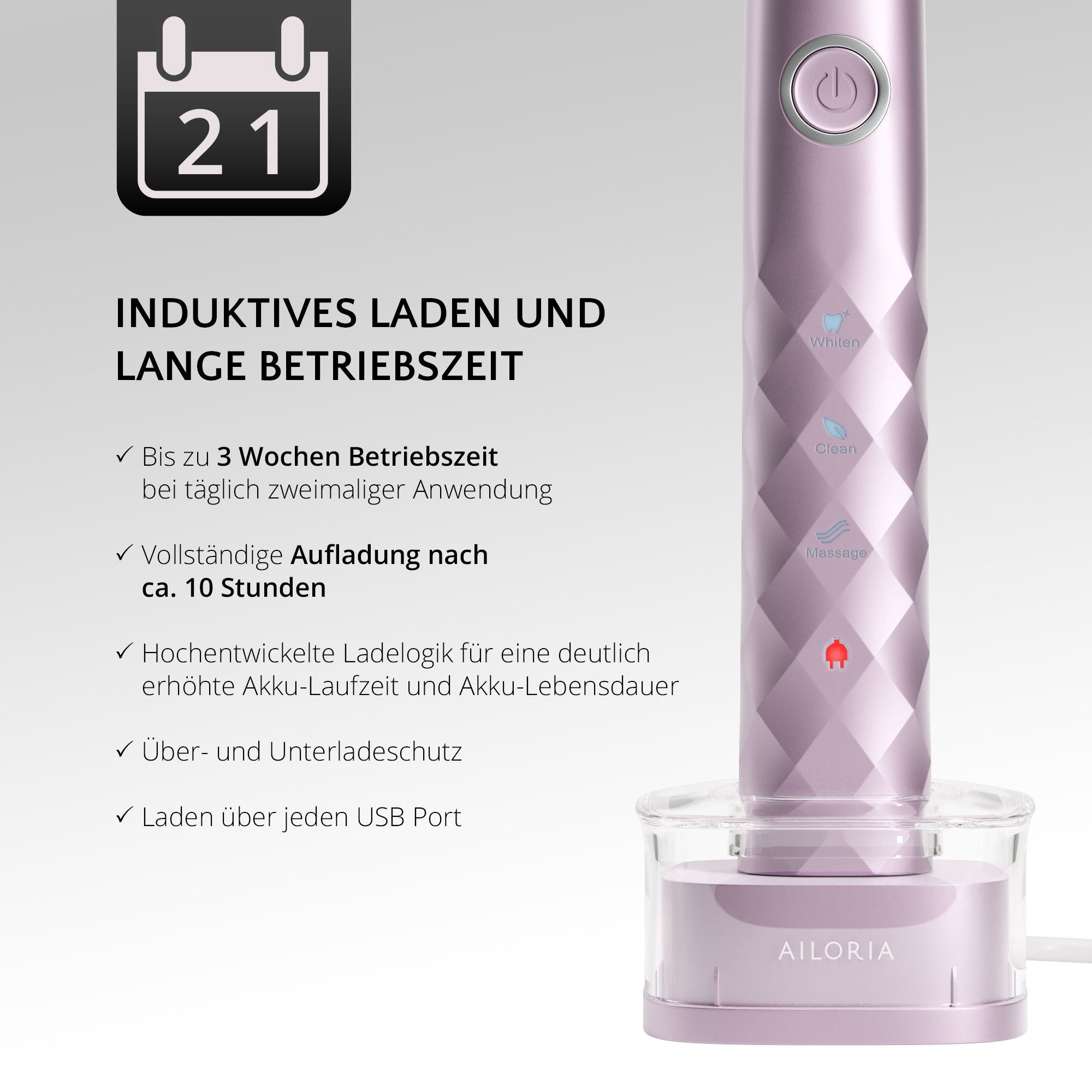 Spazzolino con base di ricarica. Ricarica a induzione, lunga durata. Indicatore batteria e carica.