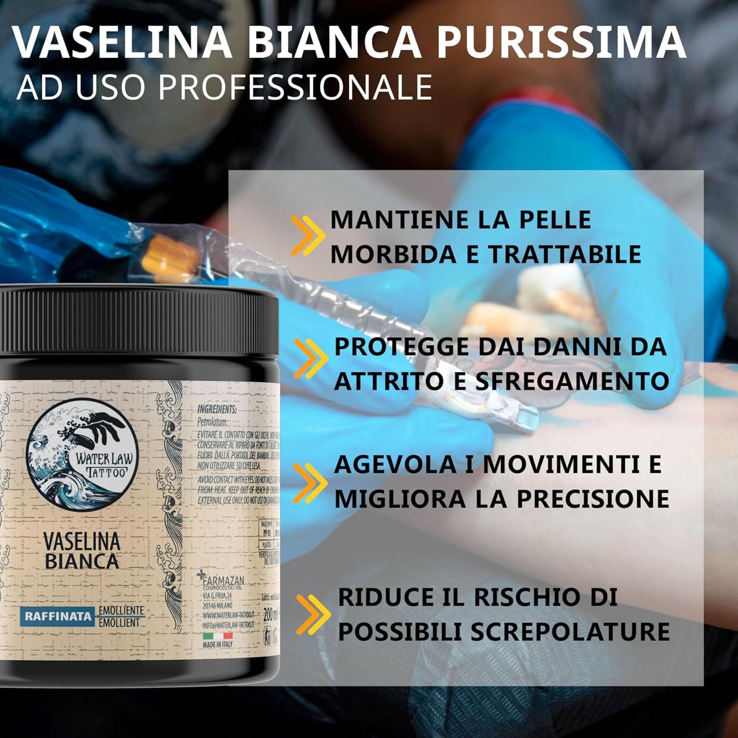 Vasetto nero con etichetta. Testo: Water Law Tattoo Vaselina Bianca. Per tatuaggi. Mantiene la pelle morbida e trattabile.