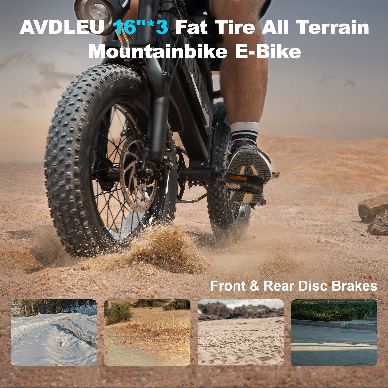 E-bike con pneumatici larghi fuoristrada. Testo: AVDLEU 16"*3 Fat Tire All Terrain Mountainbike E-Bike. Freni a disco anteriori e posteriori.