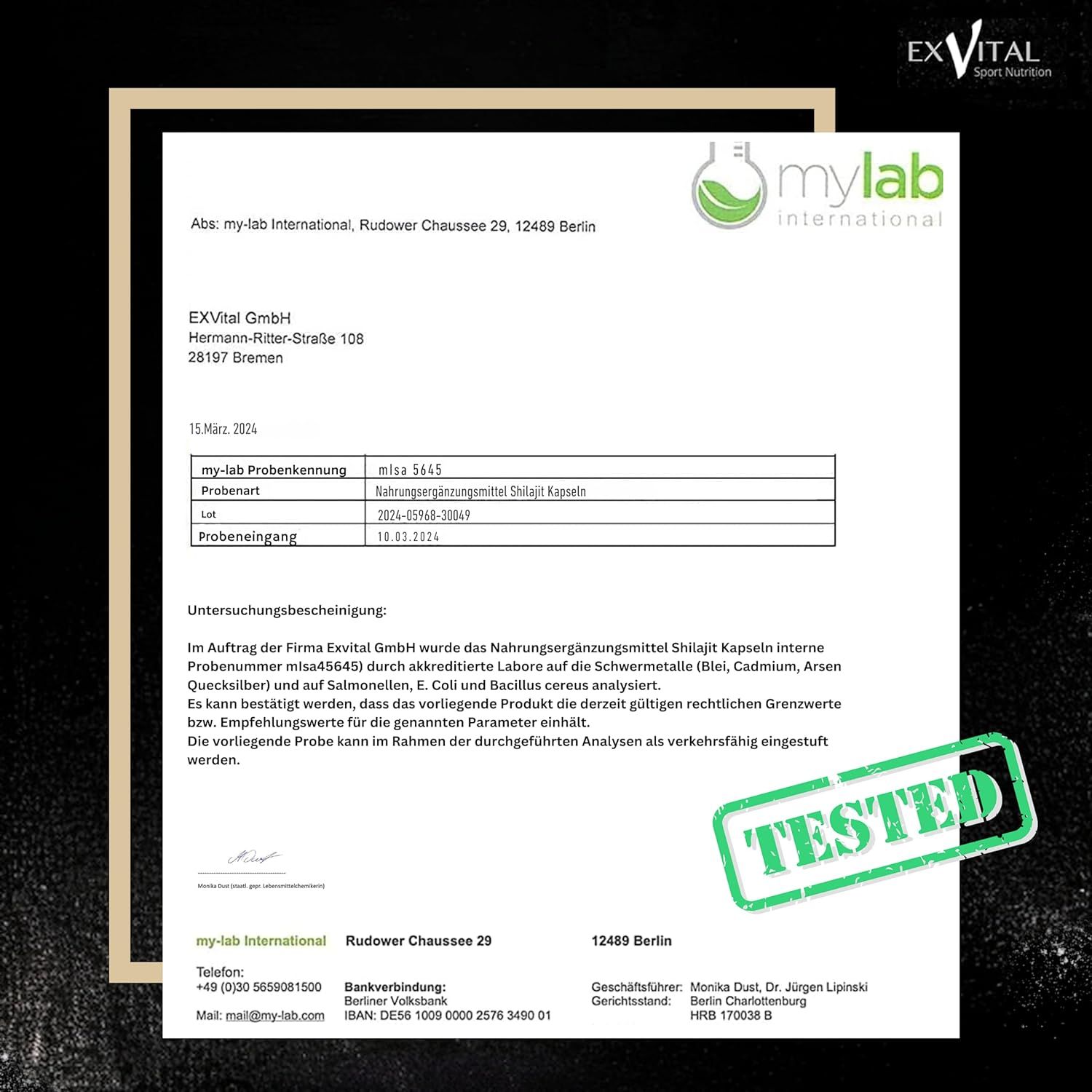 Rapporto di laboratorio mylab international. Analisi delle capsule EXVital Shilajit. Timbro Testato.