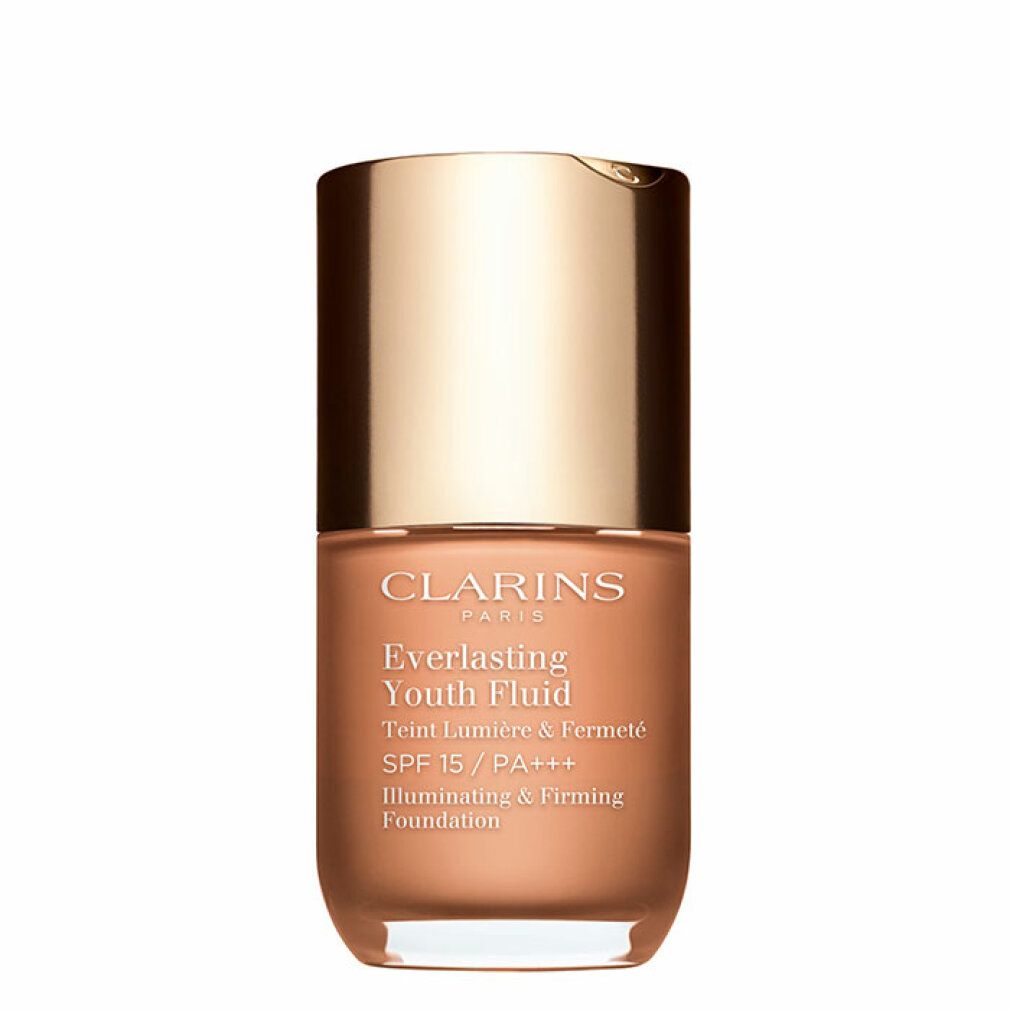Clarins Everlasting Youth Fluid SPF 15. Flacone con tappo dorato e liquido marrone. Testo: Illuminating & Firming Foundation.