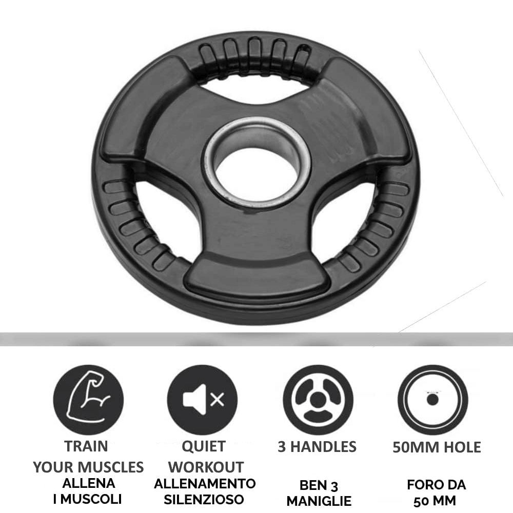 Disco nero con maniglie. Testo: "3 HANDLES", "50MM HOLE". Simboli: muscolo, silenzioso, 3 maniglie, foro.