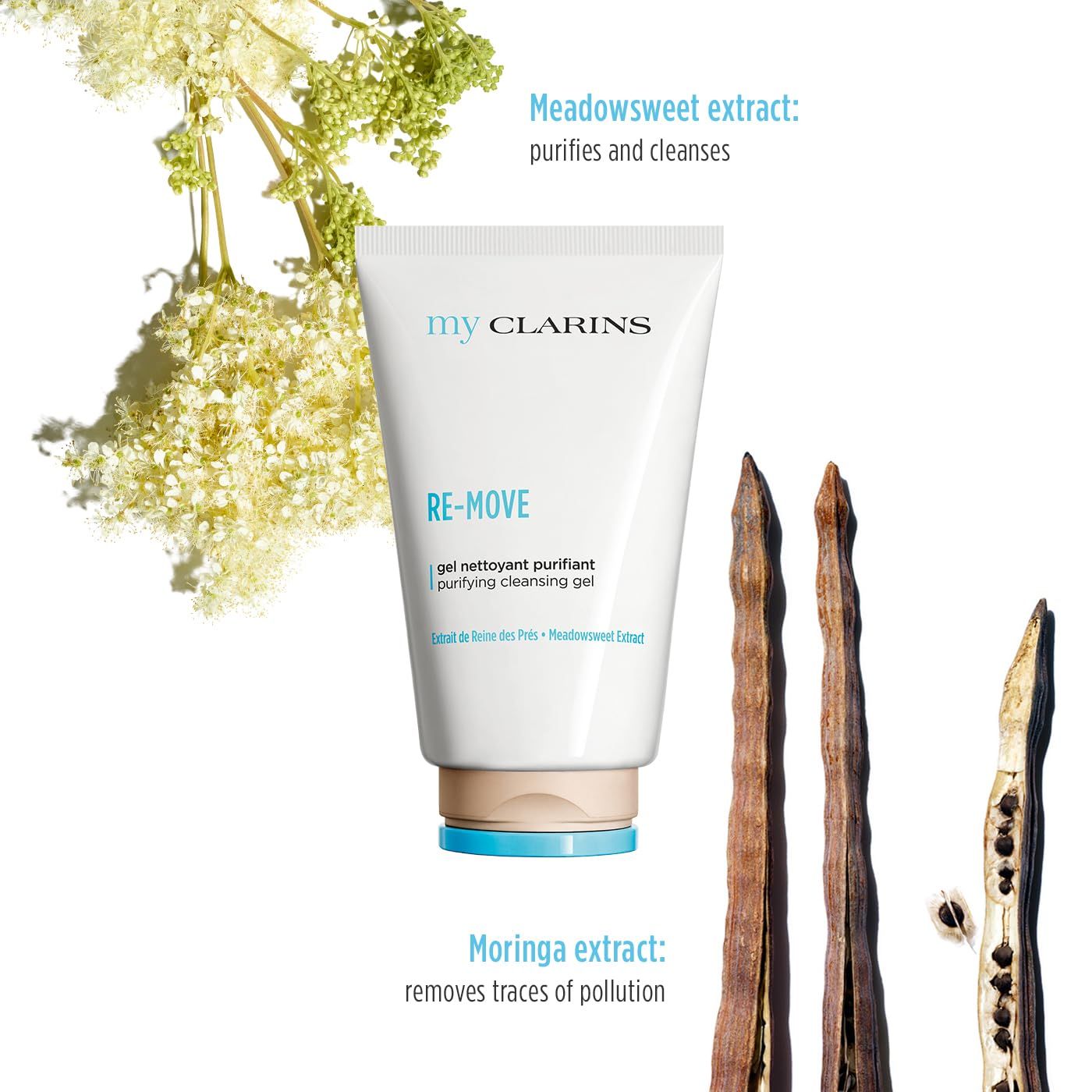 Tubo bianco, tappo blu. Testi: my CLARINS, RE-MOVE, gel nettoyant purifiant. Piante.