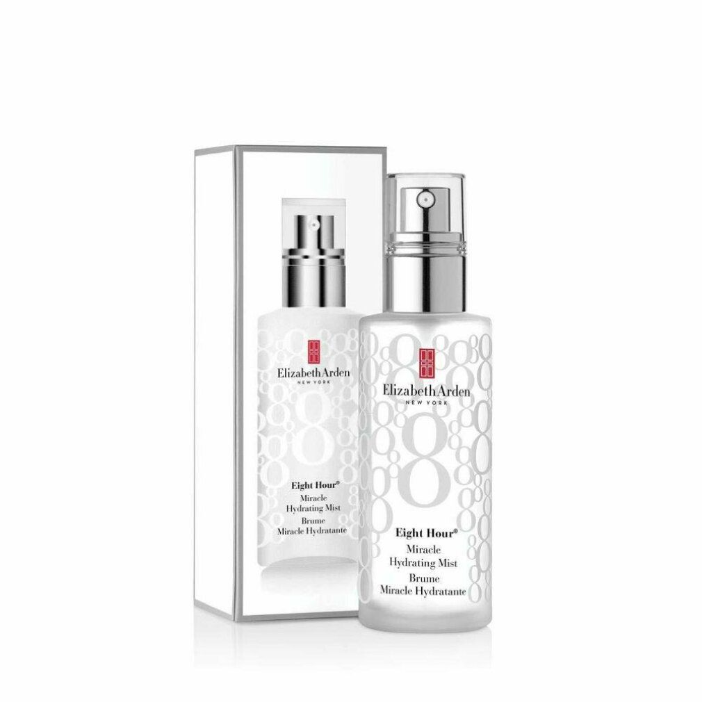 Flacone spray e scatola. Scritta: Elizabeth Arden, Eight Hour Miracle Hydrating Mist. Flacone bianco, tappo argento.