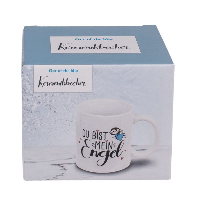 Tazza in ceramica bianca con manico in confezione. Scritta: Du bist mein Engel. Confezione con logo Out of the blue.