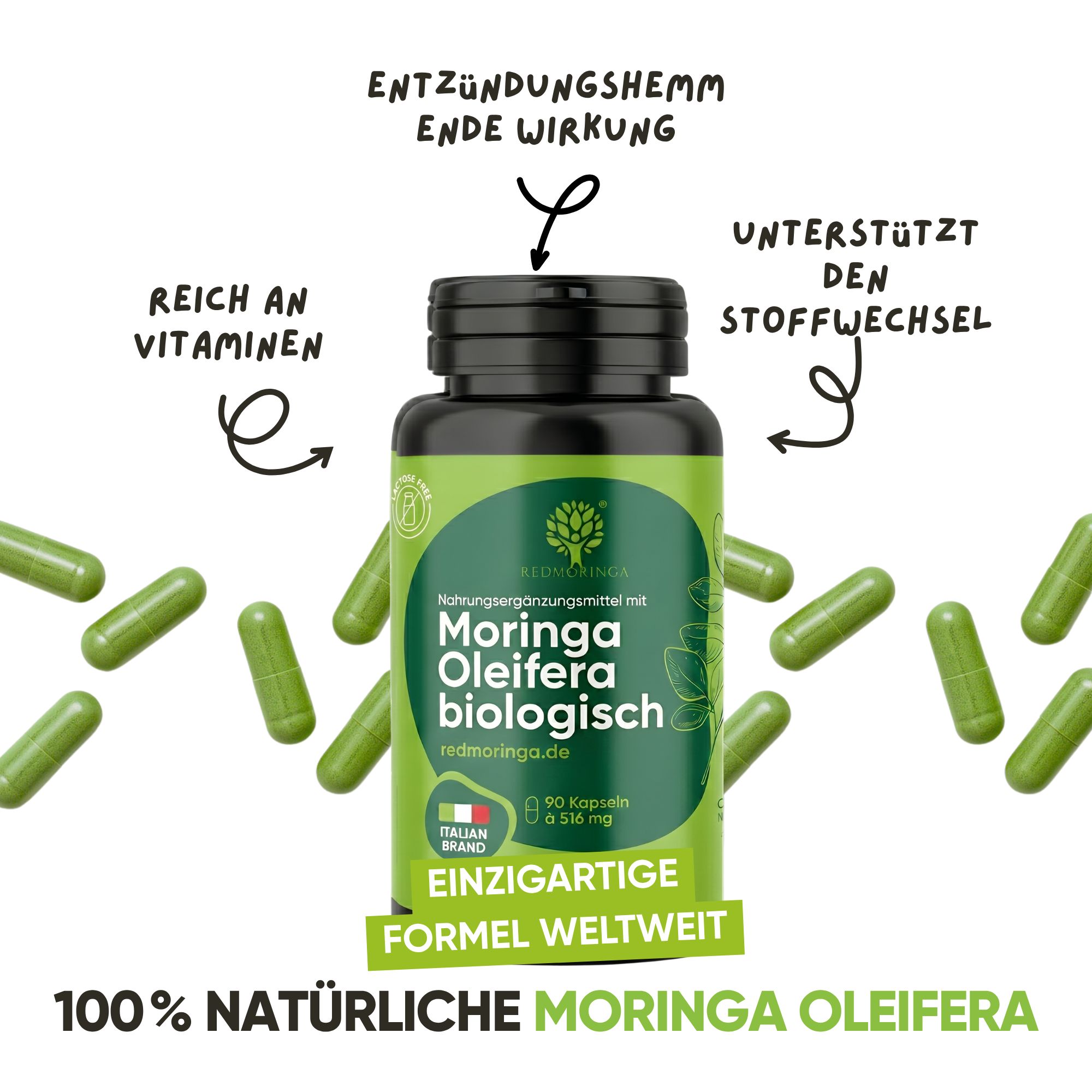 Flacone di capsule Moringa Oleifera, 90 pezzi, Moringa Oleifera 100% naturale.
