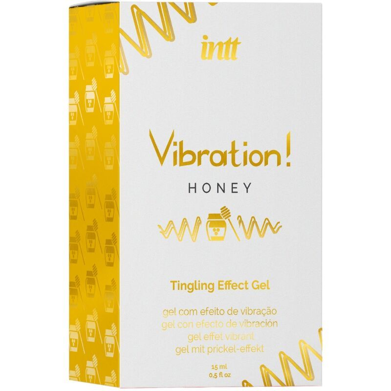 Confezione del prodotto, bianca con scritta dorata. Scritta: Vibration! Honey, Tingling Effect Gel. 15 ml.