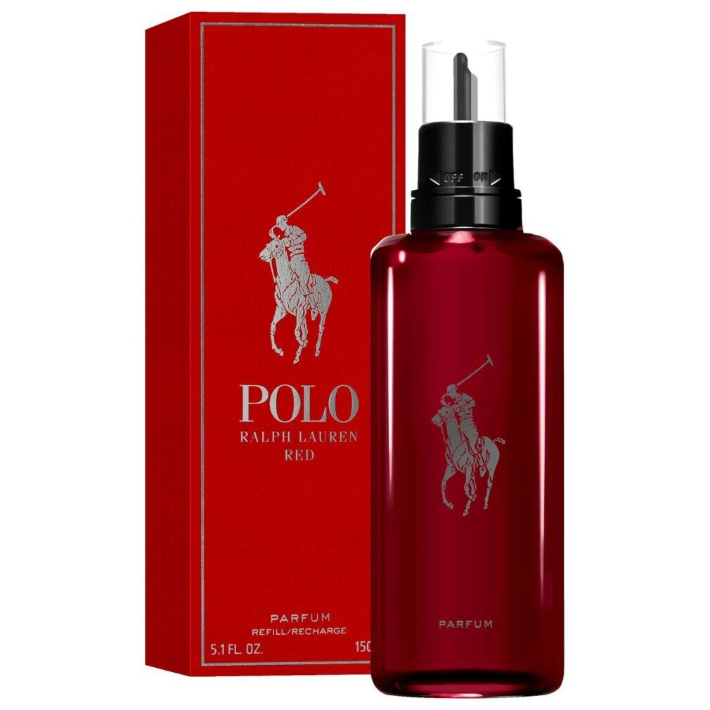Flacone e confezione rossi. Logo e scritta POLO RED. Scritta: PARFUM, REFILL/RECHARGE, 150 ml.