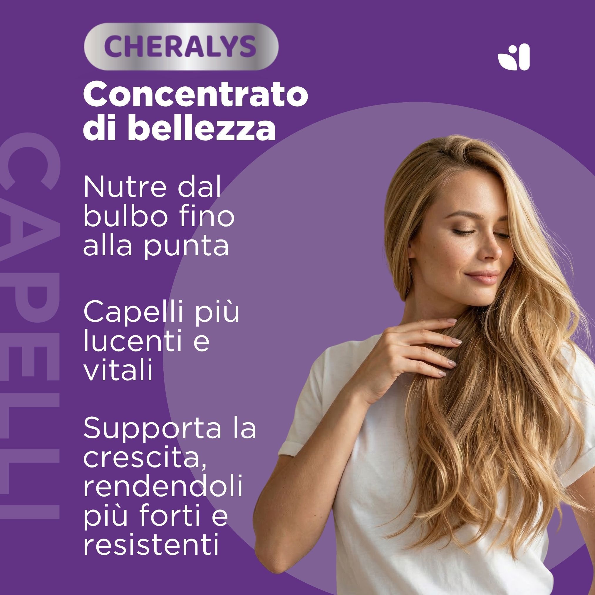 Donna con lunghi capelli biondi, focalizzata sulla cura dei capelli.