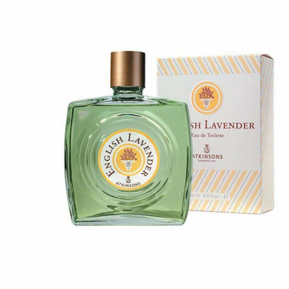 Flacone e scatola English Lavender Eau de Toilette. Etichetta gialla con logo. Strisce bianche e gialle sulla scatola.
