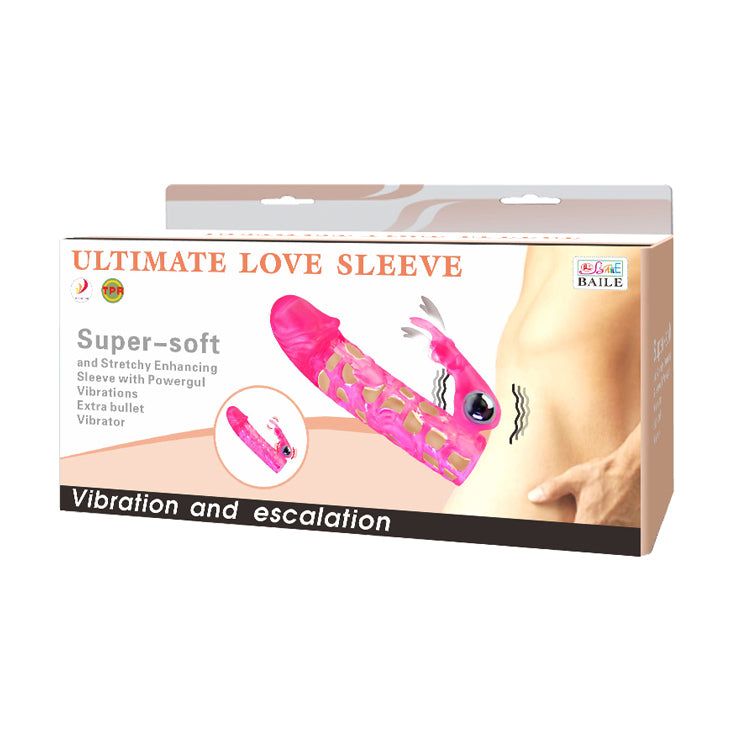 Confezione del prodotto. Prolunga rosa con vibratore, illustrata. Testo: ULTIMATE LOVE SLEEVE, Super-soft, Vibration and escalation.