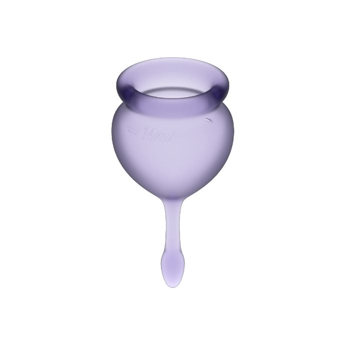 Coppetta mestruale in silicone lavanda con stelo.