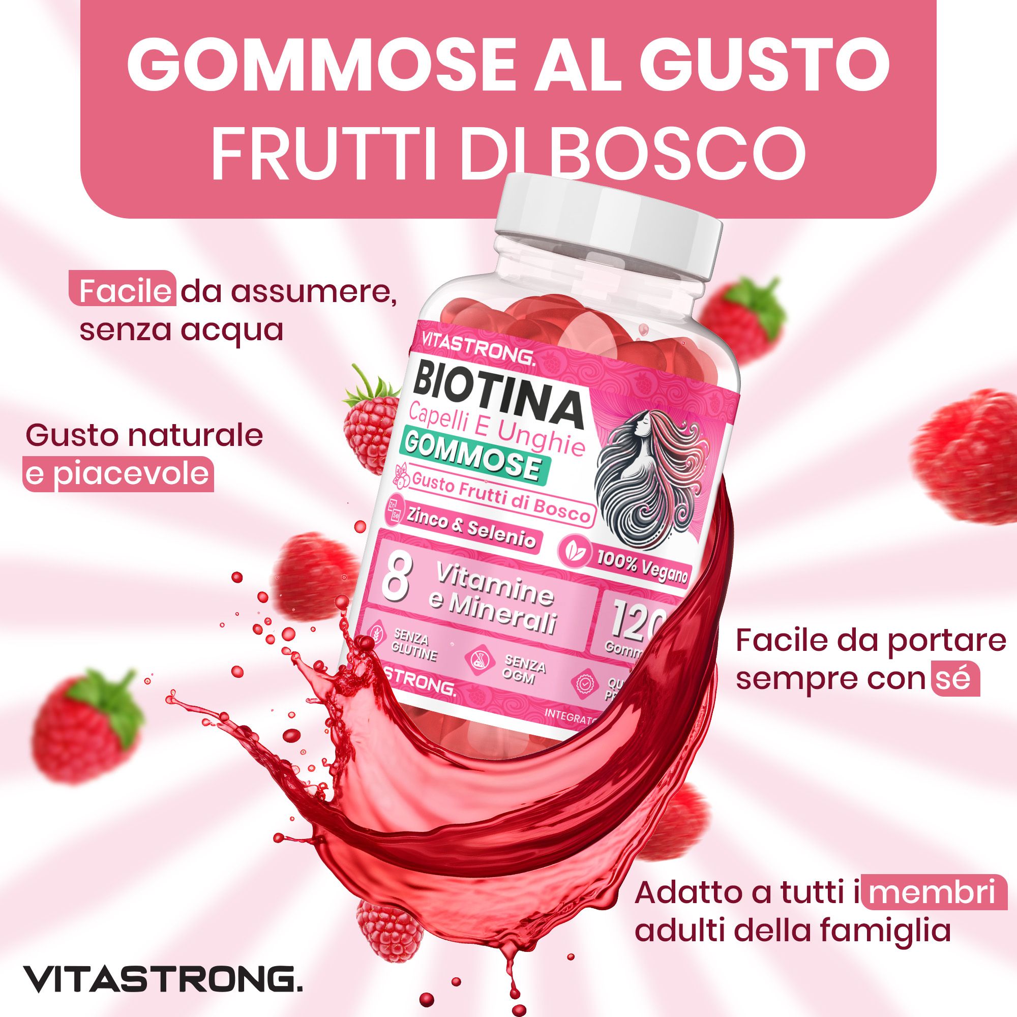 Gommosi in bottiglia. Gusto frutti di bosco. Contiene zinco, selenio e 8 vitamine. 120 gommosi. Facile da portare con sé.