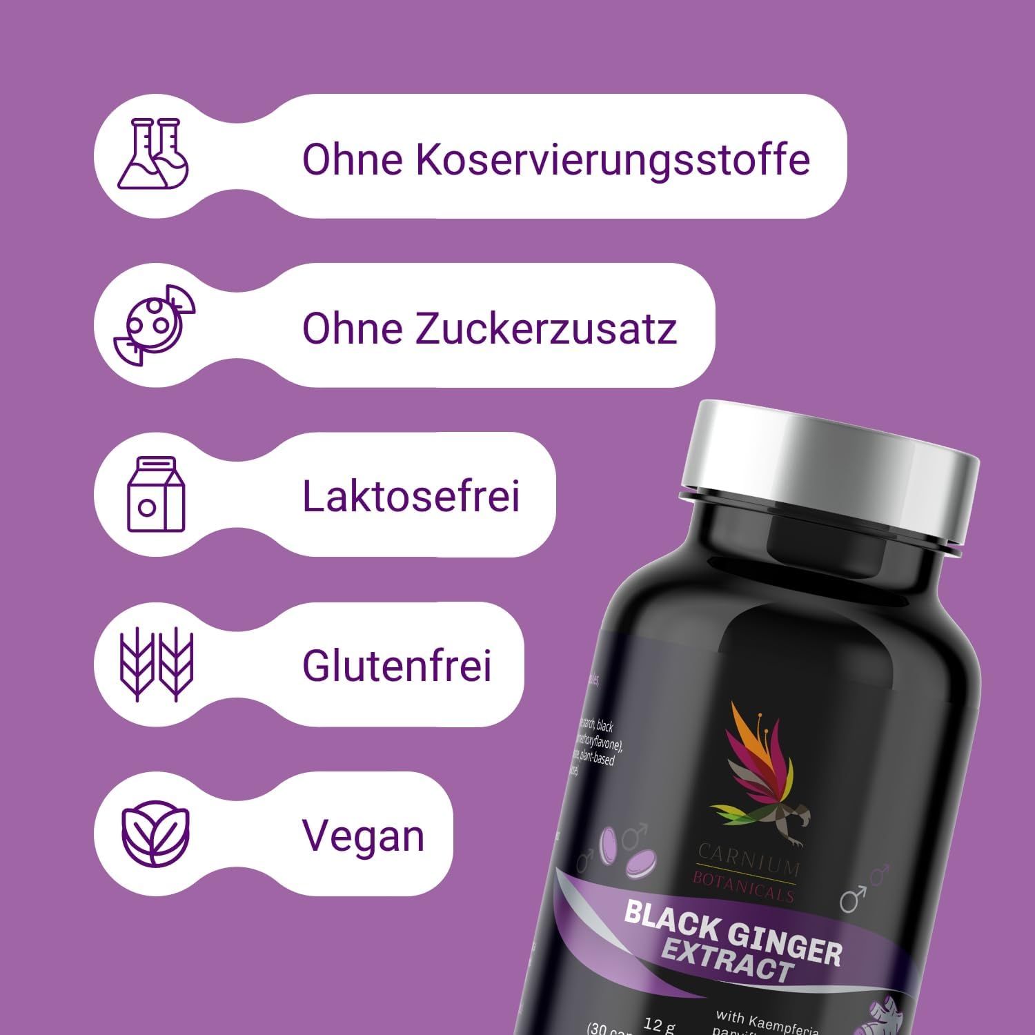 Flacone del prodotto con scritta: Black Ginger Extract. Testo: Senza conservanti, senza zuccheri aggiunti, senza lattosio, senza glutine, vegano.