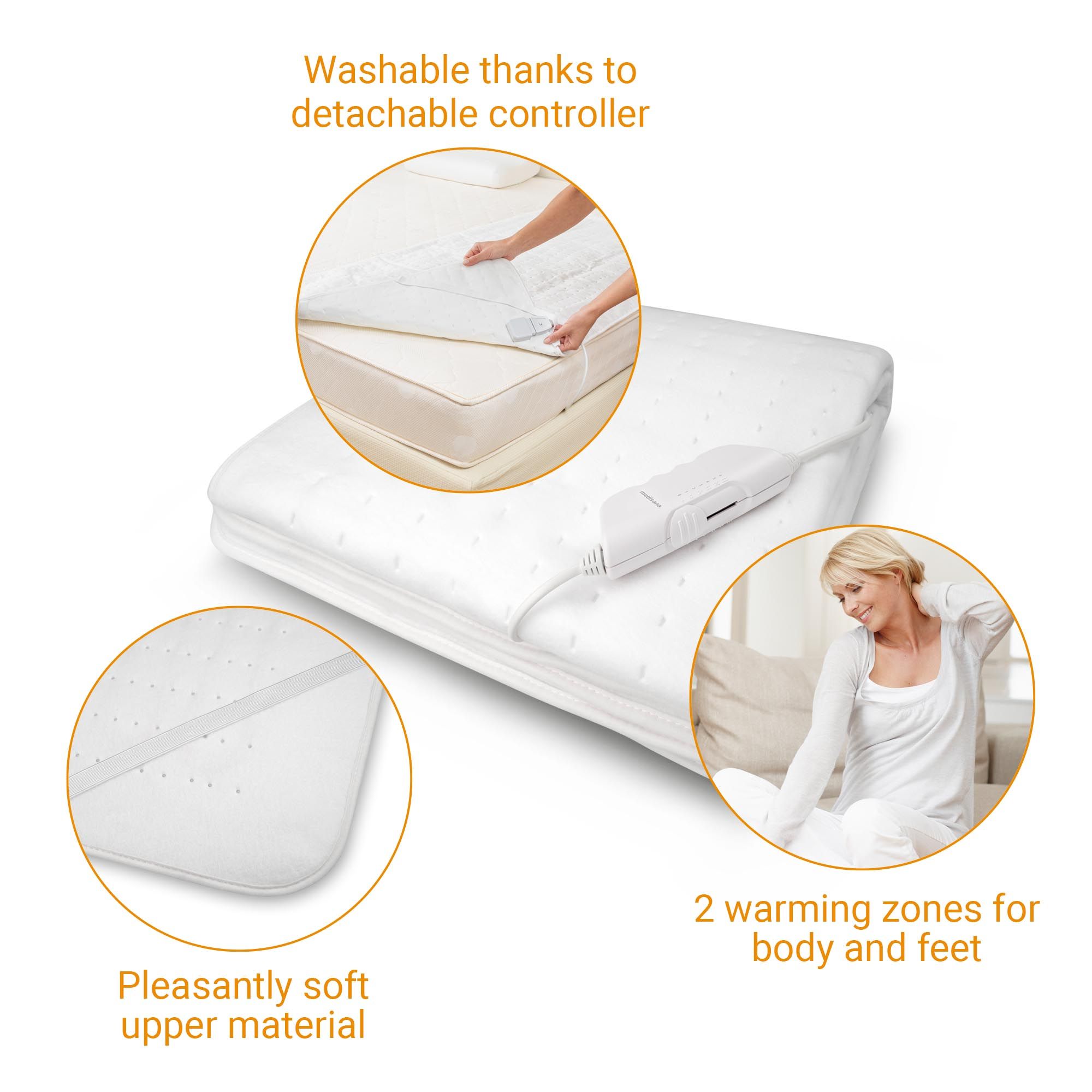 Immagine del prodotto con dettagli: coperta termica, controllo rimovibile, 2 zone di riscaldamento, materiale superiore morbido. Donna sullo sfondo.
