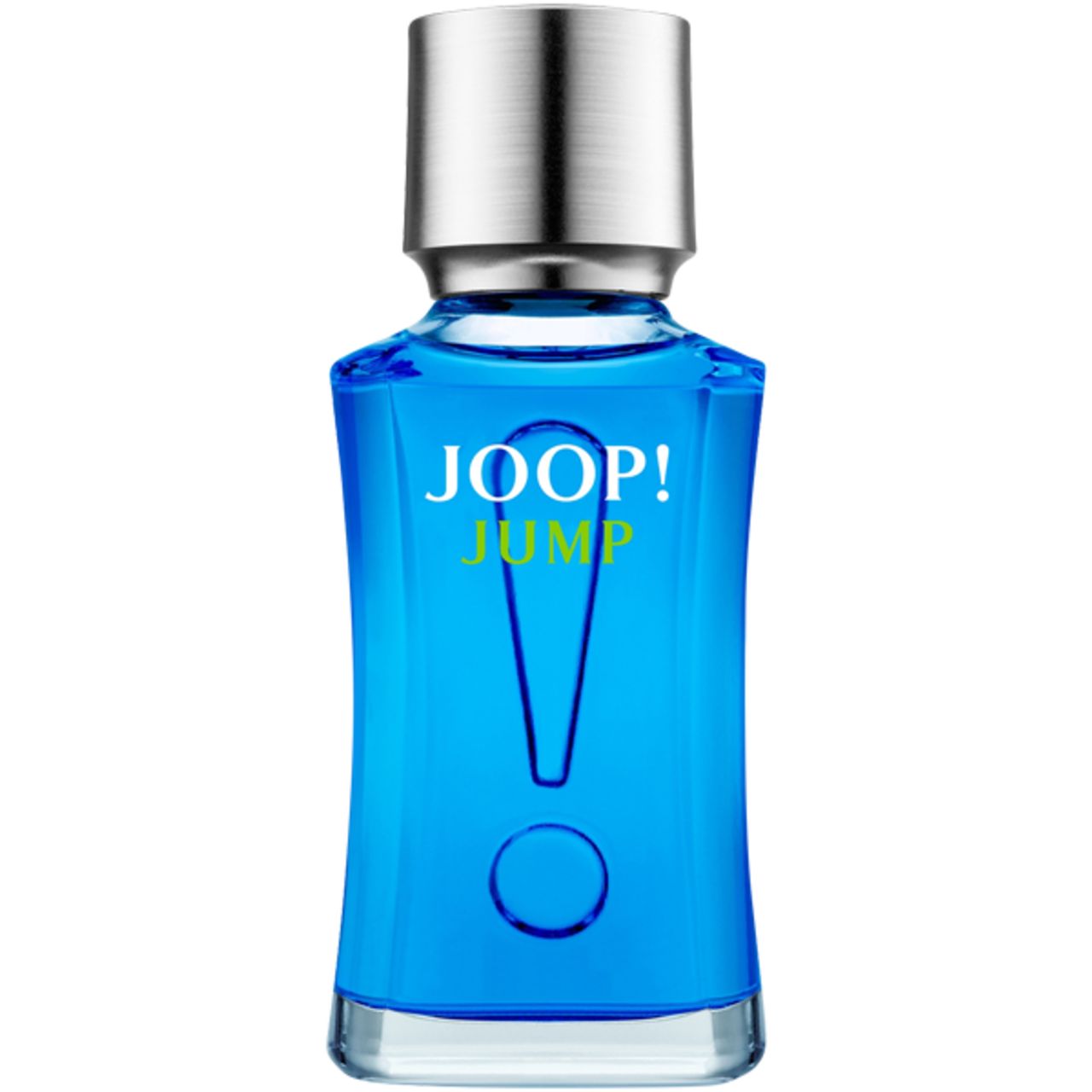 Flacone di profumo blu con tappo argentato. Scritta JOOP! JUMP. Design punto esclamativo.