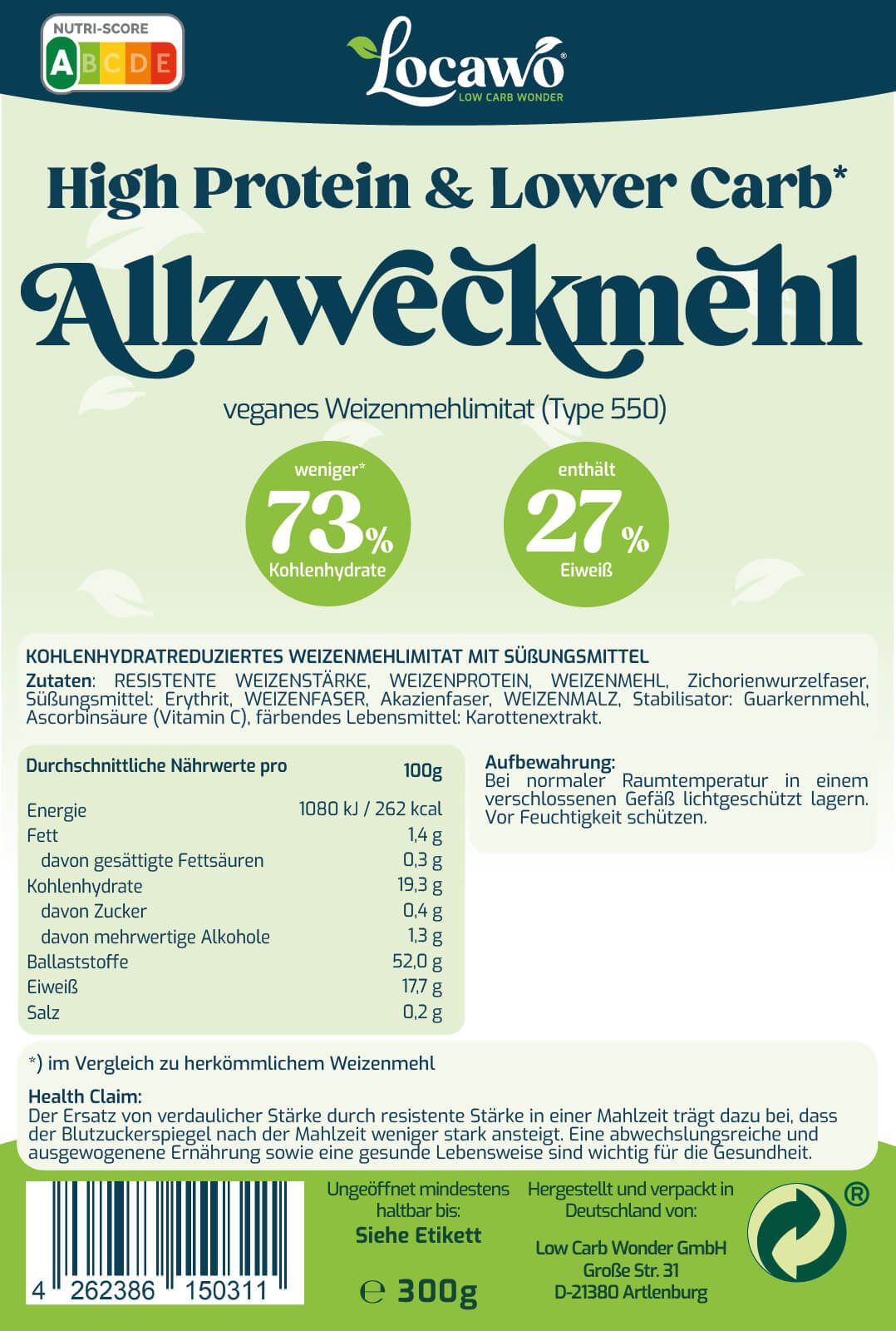 Retro della confezione di Locawo Allzweckmehl. Contiene informazioni nutrizionali, elenco ingredienti e informazioni sul produttore.