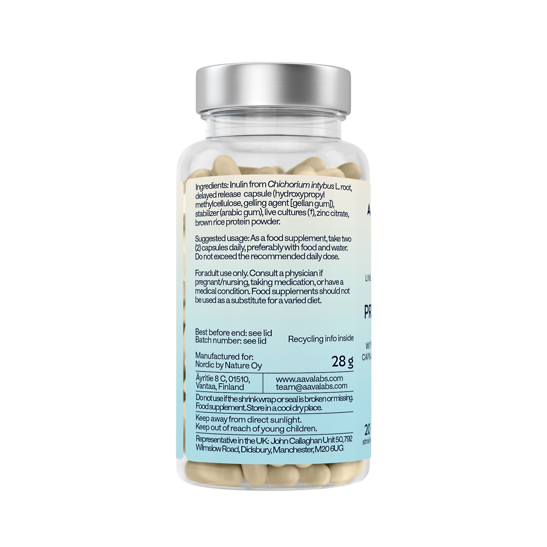 Retro di una bottiglia di capsule probiotiche, informazioni nutrizionali e ingredienti.