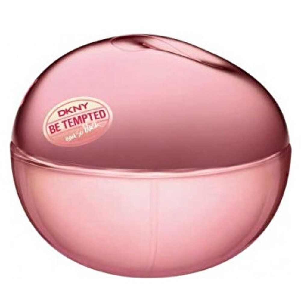 Flacone rotondo con tappo rosa e logo DKNY.