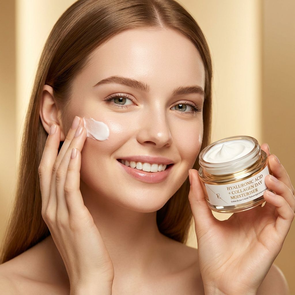 Donna applica crema giorno Acido Ialuronico & Collagene, tiene il barattolo di vetro.