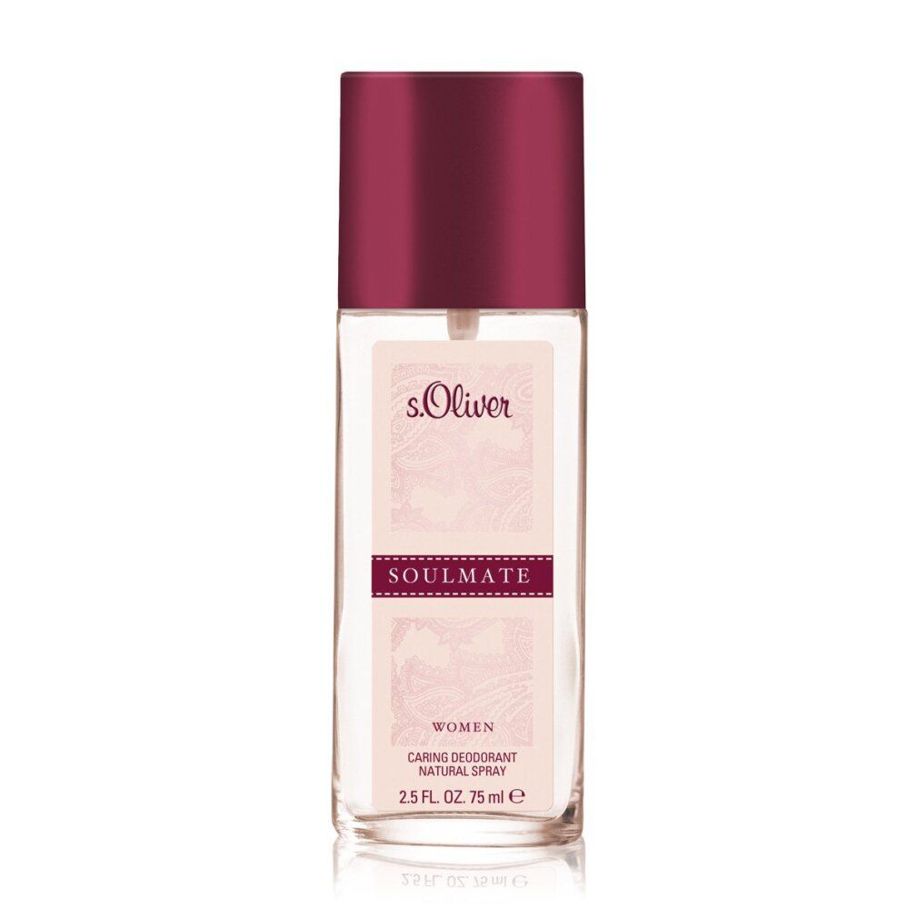 Flacone spray deodorante con tappo bordeaux. Scritta: s.Oliver, Soulmate, Women, Caring Deodorant Natural Spray.