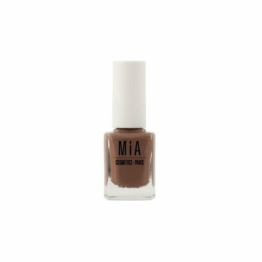 Flacone di smalto marrone con tappo bianco. Scritta: Mía Cosmetics Paris. Volume: 11 ml.
