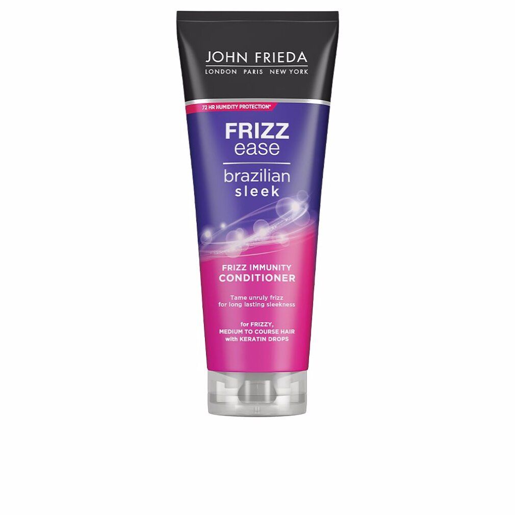 Conditioner John Frieda Frizz-Ease Brazilian Sleek. Tubo viola, rosa e bianco. Tappo nero. Testo: Frizz Ease, Brazilian Sleek.