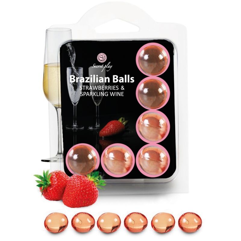 Confezione con 8 sfere brasiliane, aspetto fragola e spumante. Raffigurati due bicchieri di spumante e fragole.