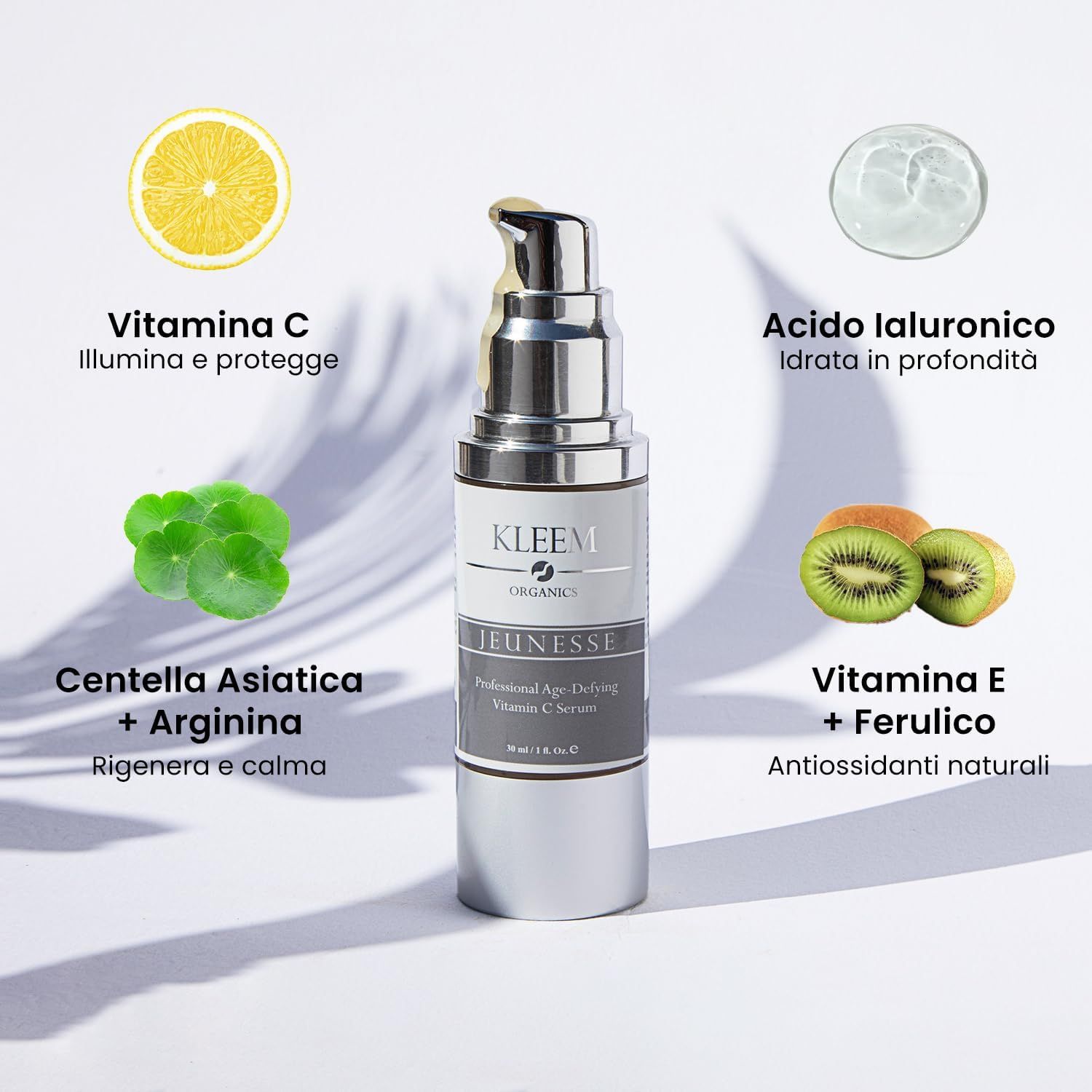Siero alla vitamina C. Testo: Vitamina C, Acido Ialuronico, Centella Asiatica + Arginina, Vitamina E + Ferulico.