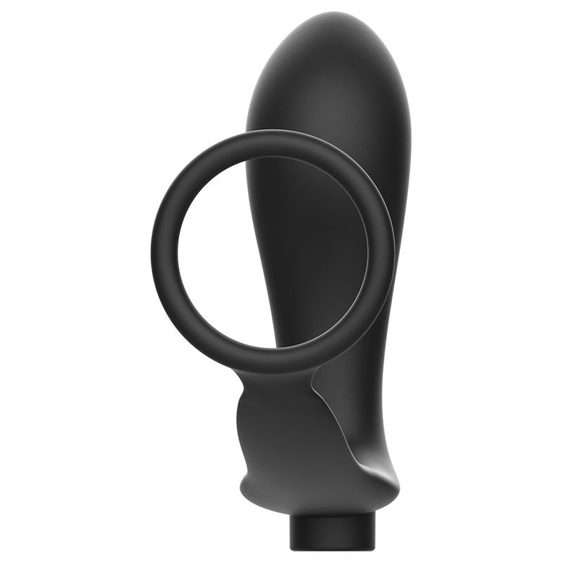 Anello fallico nero con design a plug anale. Progettato per comfort e stimolazione.