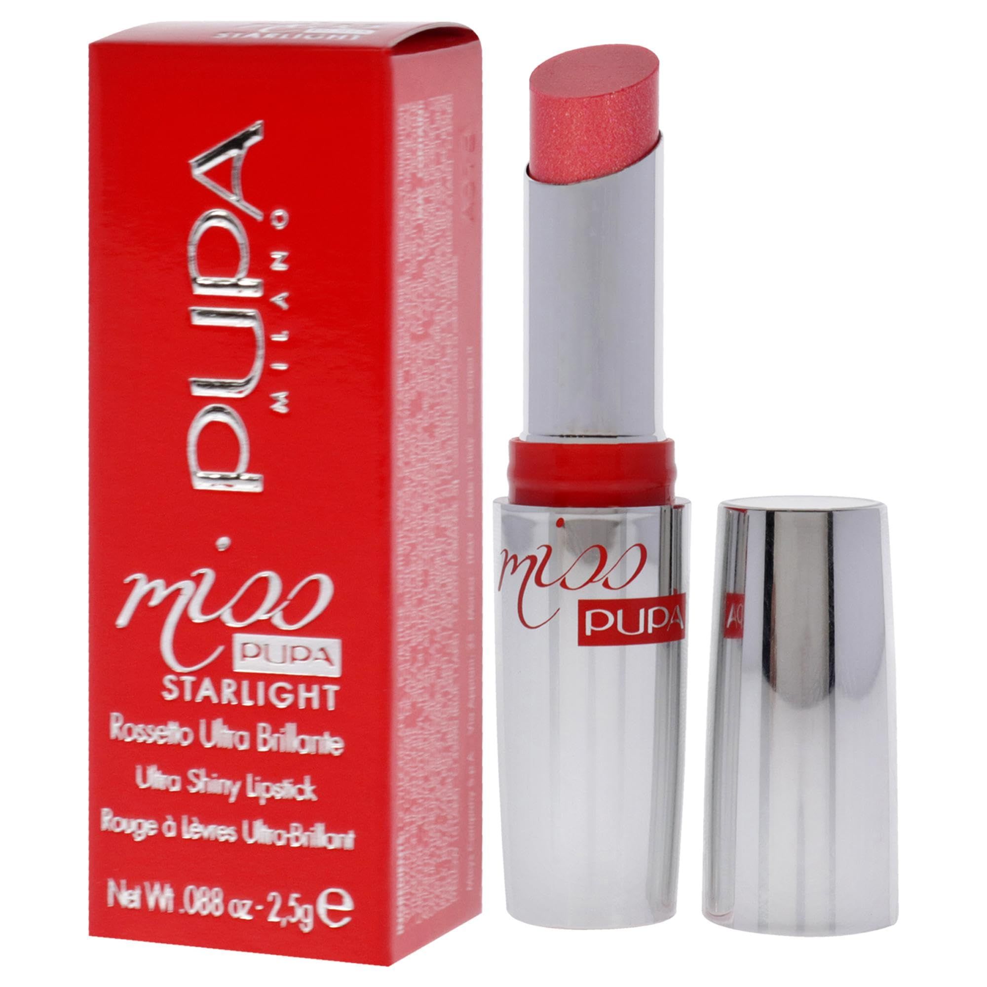 Pupa Miss Pupa Starlight Lipstick, un rossetto rosa brillante in astuccio argentato accanto a una confezione rossa.