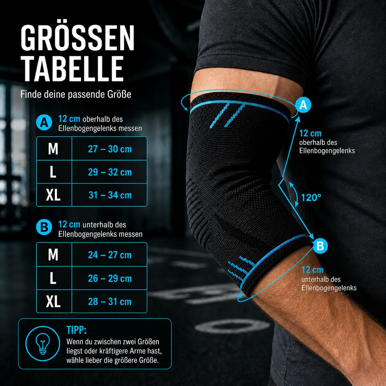 Tabella taglie per tutore gomito. Misure in cm. Taglie: M, L, XL. Istruzioni di misurazione. Prodotto non mostrato.
